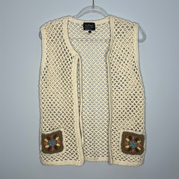 Hand Crocheted Open Front Pocket Vest Knitiva Size M - Picture 2 of 9